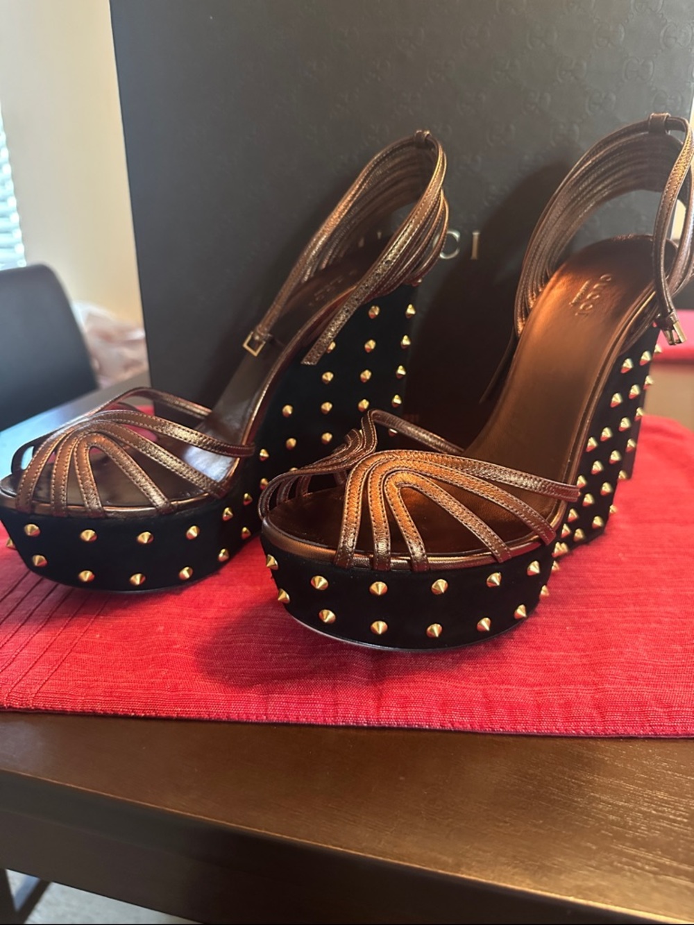 Gucci Bronze Strappy Studded Black Platform Wedges